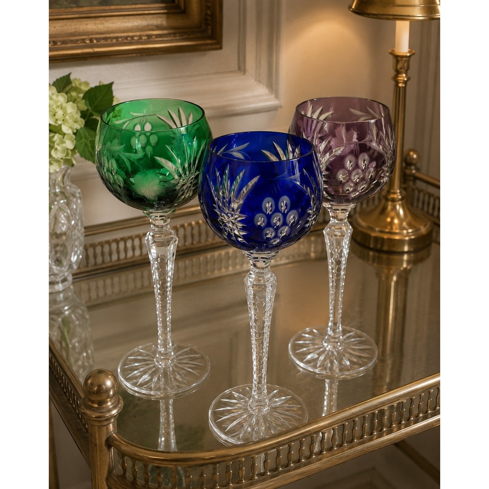 Cut to Clear Crystal Hock Wine Glasses Set of 3 Blue Green Purple Grapes Leaves